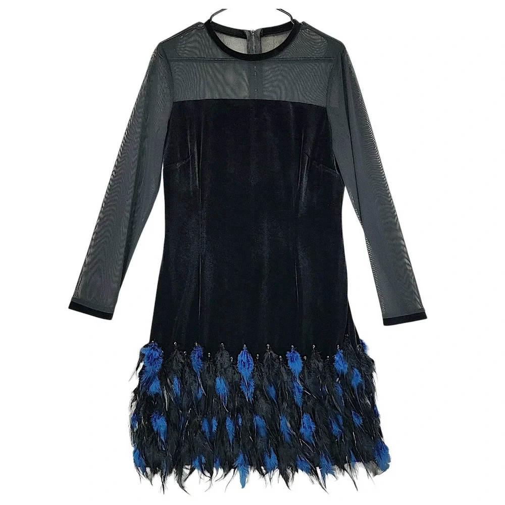 Tahari Velour Dress 12 Black Velvet Blue Feathers Mesh Long Sleeve Cocktail Mini - Picture 2 of 15